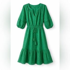 Vince Camuto Emerald Eyelet Midi Dress with Tassel Tie
